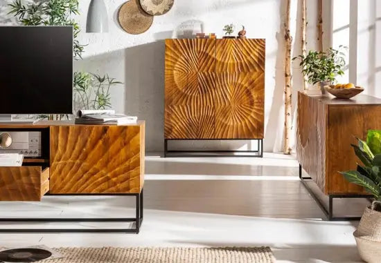 Solid mango wood and metal frame intricate carvings design four door wave long buffet.