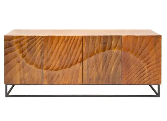 Wooden and metal frame intricate carvings design four door wave long buffet.