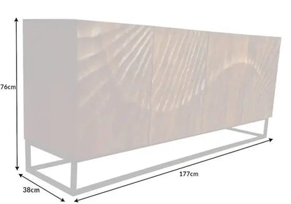 Mango wood and metal frame intricate carvings design four door wave long buffet.