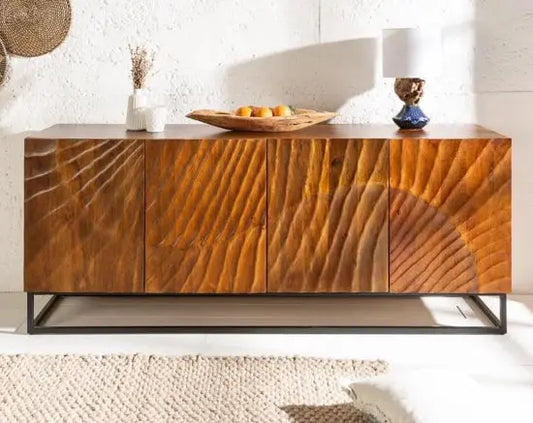 Solid wood and metal frame intricate carvings design four door wave long buffet.