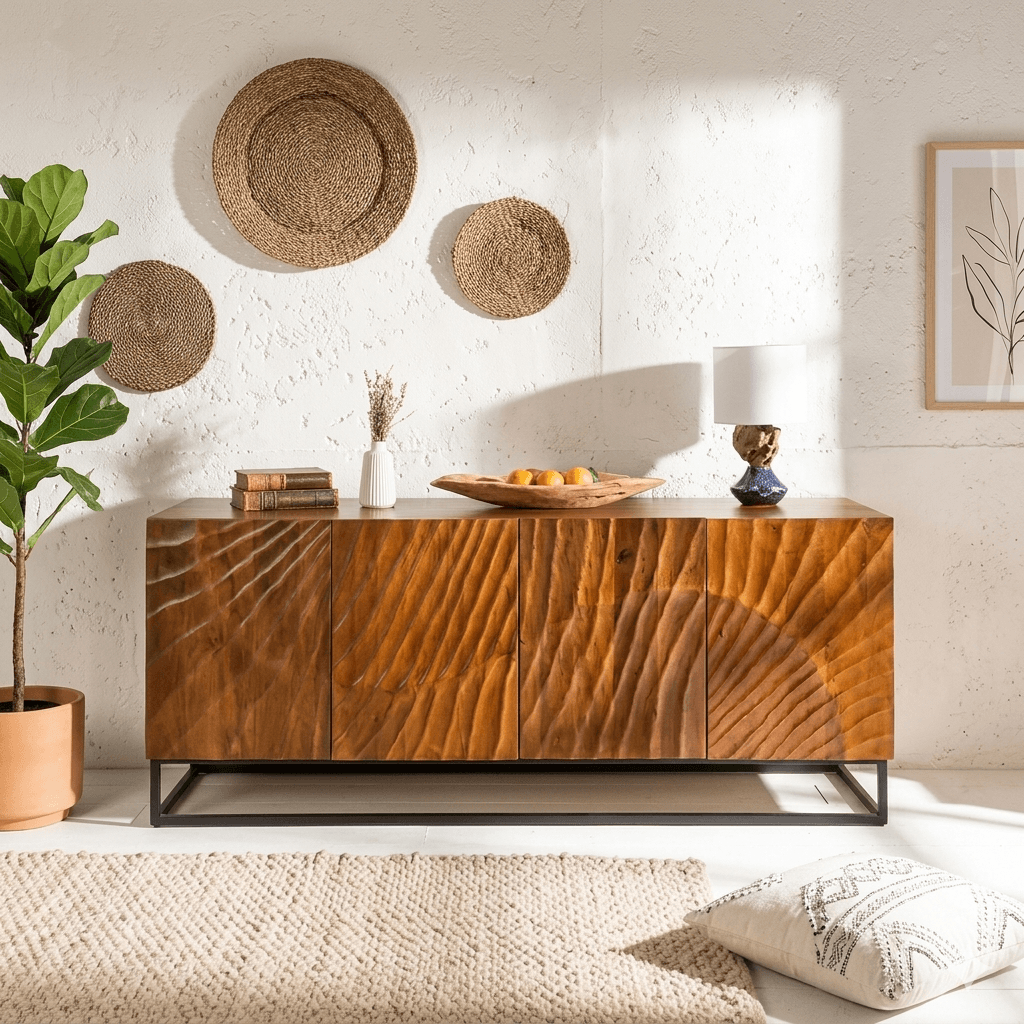 Solid wood and metal frame intricate carvings design four door wave long buffet.