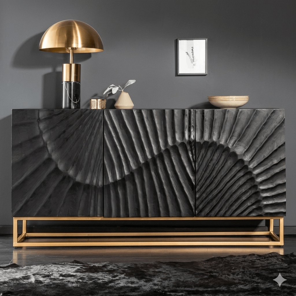 A black mango wood sideboard with three doors and a metal base, featuring a wave-like pattern on the doors.