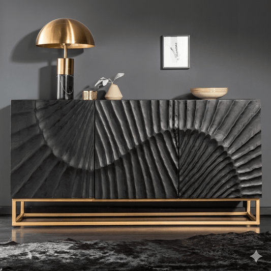 A black mango wood sideboard with three doors and a metal base, featuring a wave-like pattern on the doors.