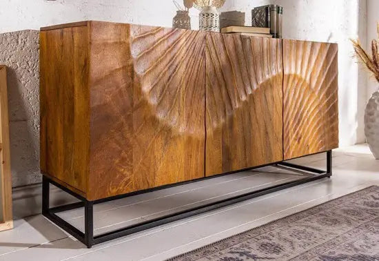 A brown wooden sideboard with three doors and a metal base made in mango wood.
