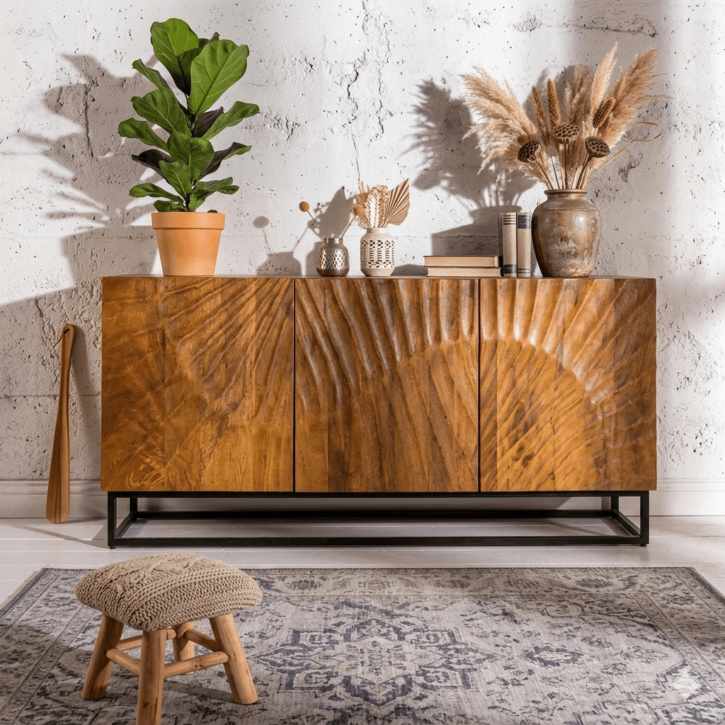 A brown wooden sideboard with three doors and a metal base made in mango wood.