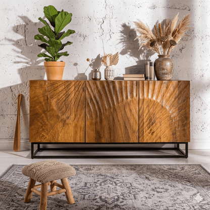 A brown wooden sideboard with three doors and a metal base made in mango wood.