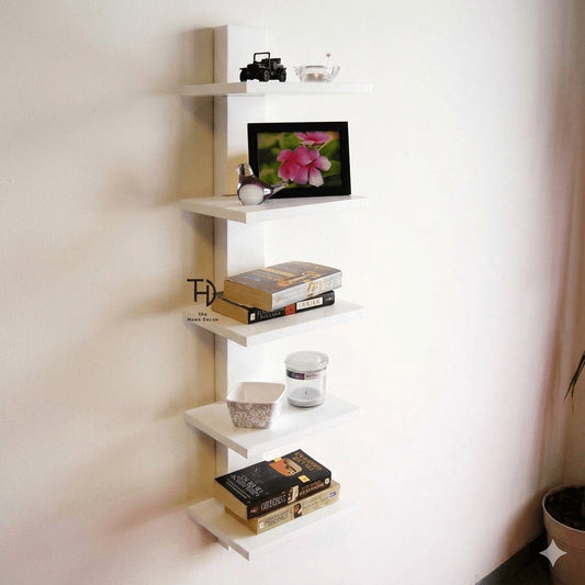 Solid Sheesham Wood Five white floating shelves.