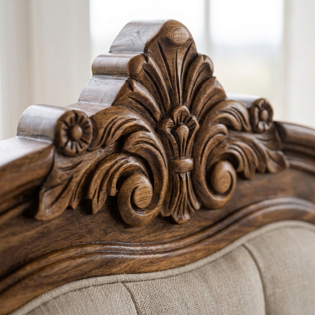 Close-up of an ornate carved wooden headboard