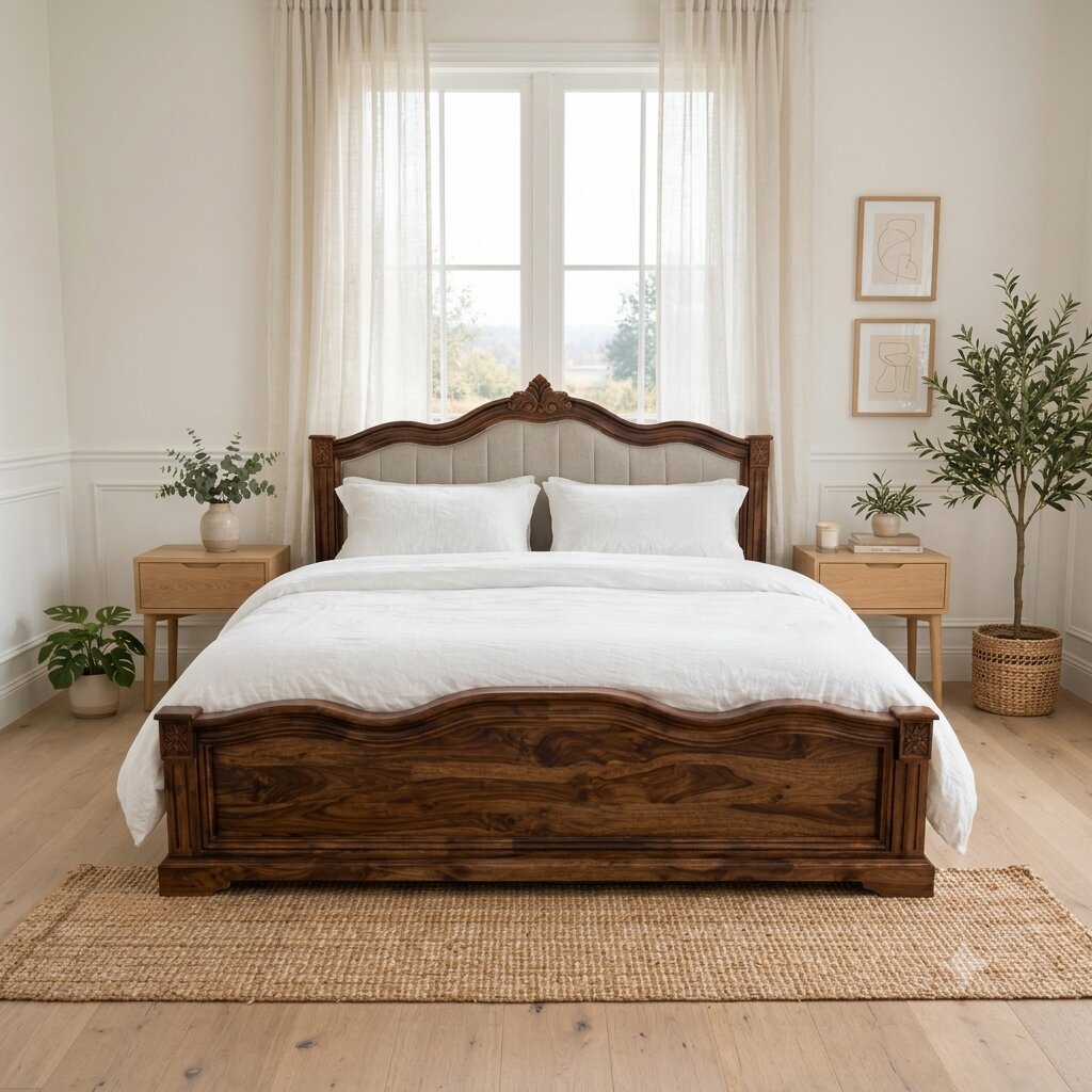A dark brown wooden bed frame with a carved headboard and footboard.