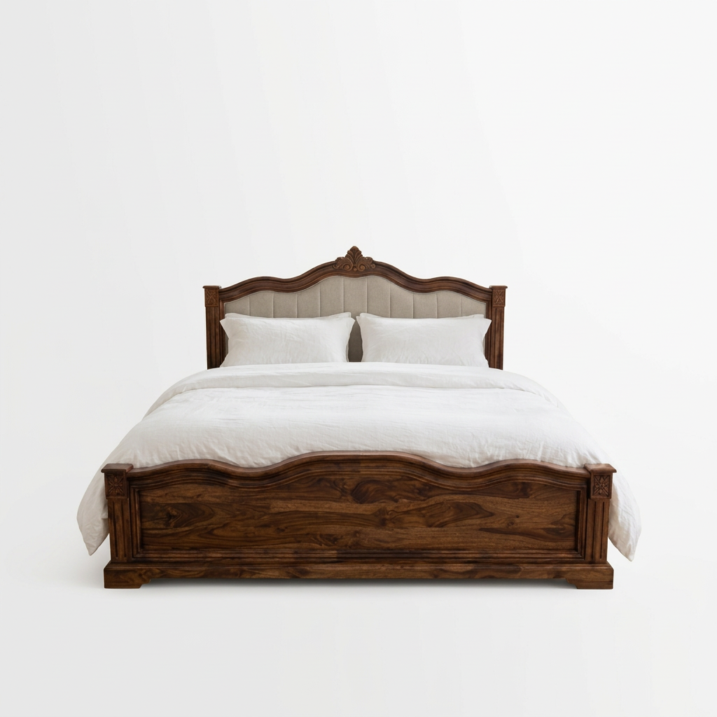 A natural wooden finish bed with a curved headboard and footboard.