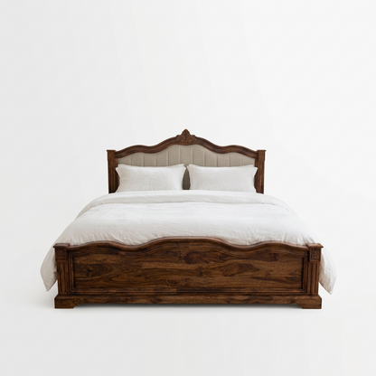 A natural wooden finish bed with a curved headboard and footboard.