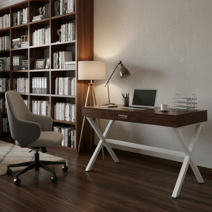 Solid Sheesham Wood and Metal Frame One Drawer Xtriva Study Desk. 