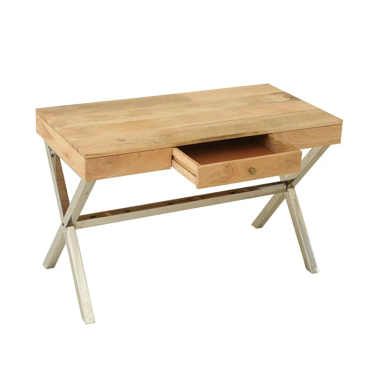 Solid Mango Wood and Stainless Steel Frame One Drawer Xtriva Study Desk Natural.