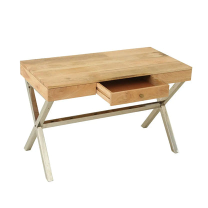 Solid Mango Wood and Stainless Steel Frame One Drawer Xtriva Study Desk Natural.