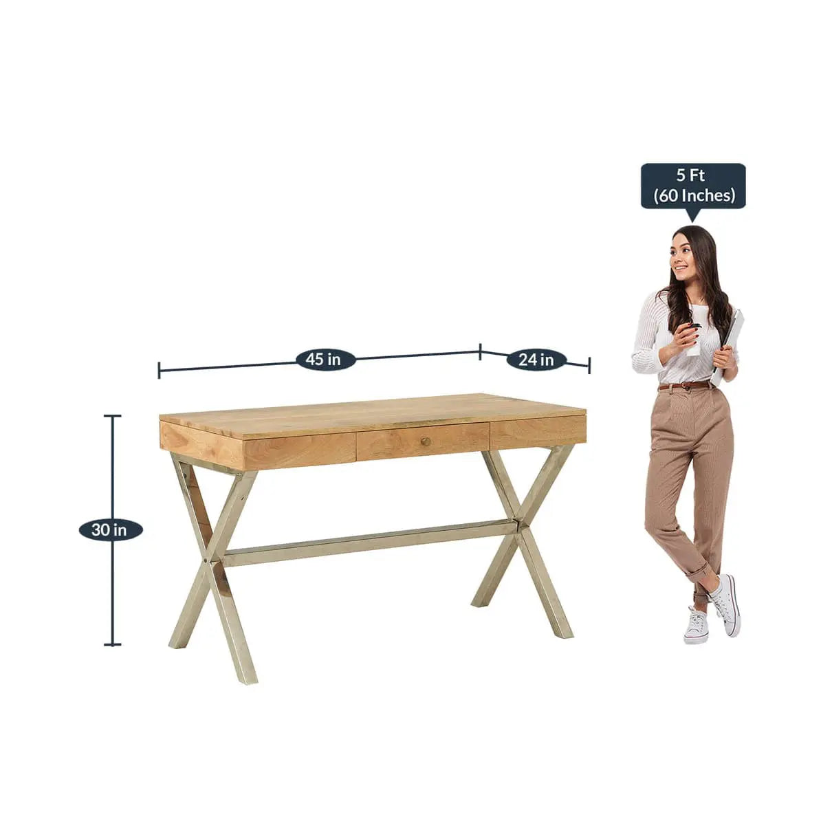 Mango Wood and Stainless Steel Frame One Drawer Xtriva Study Desk Natural.