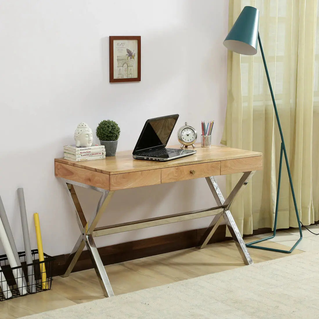 Solid Mango Wood and Stainless Steel Frame One Drawer Xtriva Study Desk Natural.