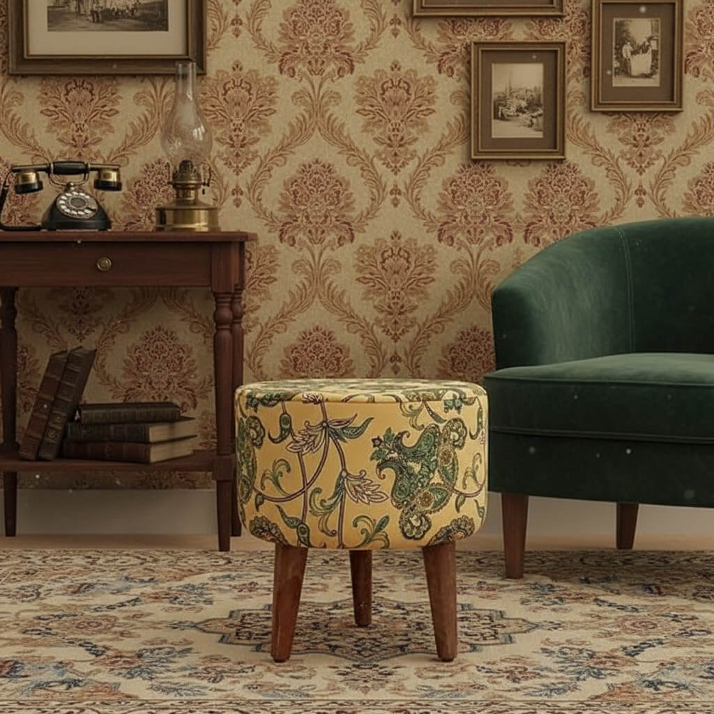 A yellow upholstered pouf with a floral pattern, on three wooden legs.