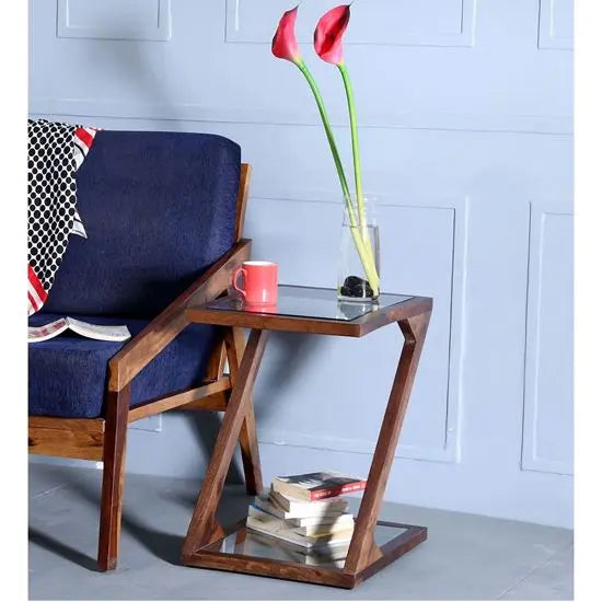 Z Shaped End Table Glass Top ( Natural) Made in Solid Sheesham Wood. 