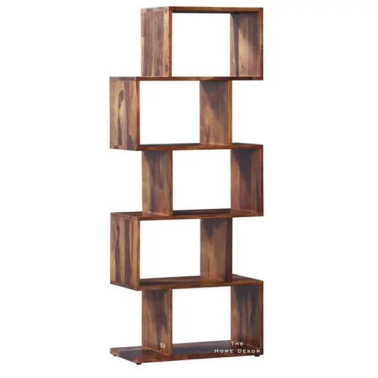 Wooden Five Tier Zig Zag Bookcase Walnut. 