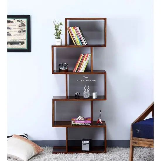 Five Tier Zig Zag Bookcase Walnut Made in Solid Sheesham Wood. This Bookcase Looks So Classy. This Bookcase Used for Keeps Books and Other Decorative Items. 