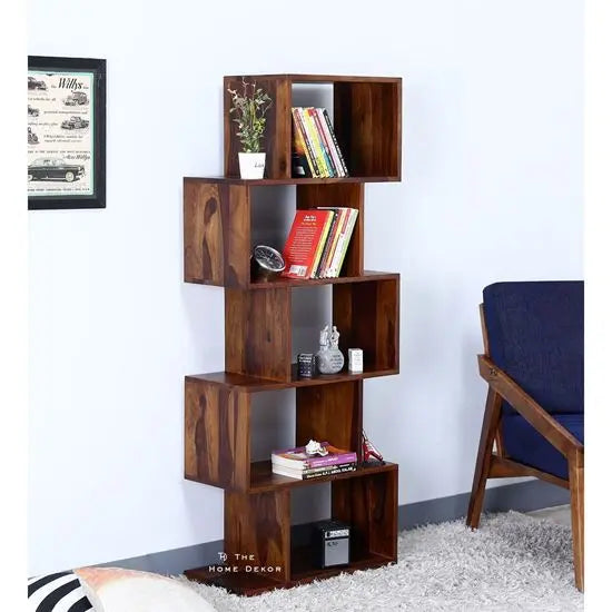 Solid Sheesham Wood Five Tier Zig Zag Bookcase Walnut. 