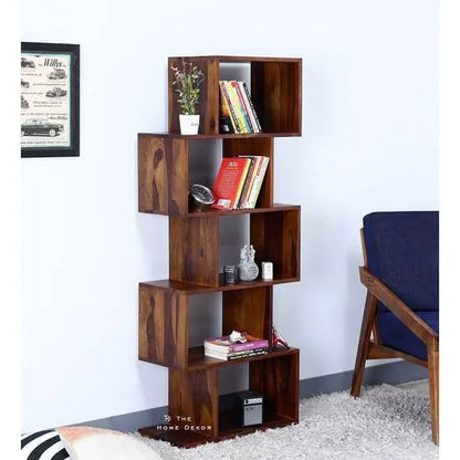 Solid Sheesham Wood Five Tier Zig Zag Bookcase Walnut. 