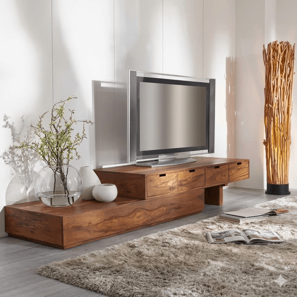 A wooden Zozo TV Cabinet with three drawers, featuring a zigzag design.